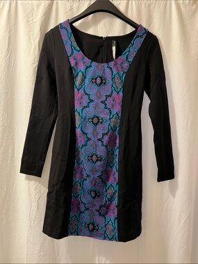 Tracy Reese Black Long-Sleeve Dress with Purple & Teal Patterned Panel